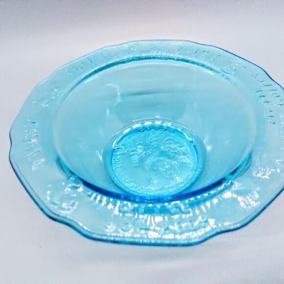 Vintage Tiara Glass Mother Goose 3 Piece Nursery Rhyme Dish Set Aqua Blue EUC - Picture 7 of 12
